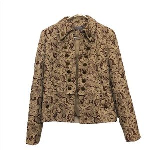 Cass Beige Brown Floral Double Breasted Hook Closure Blazer Brocade Jacket Sz M